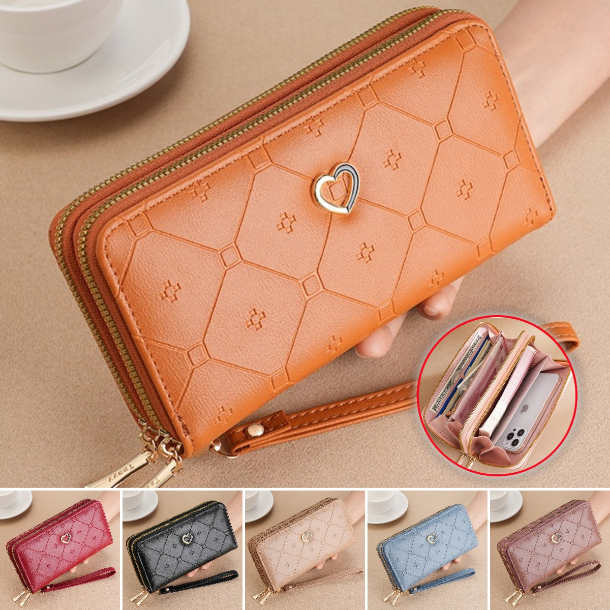 💥💥2025 Új, nagy kapacitású, dupla cipzáras pénztárca színes blokkos dizájnnal