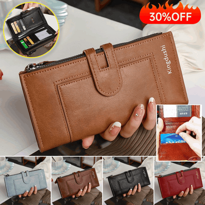 💰Vintage valódi bőr dupla cipzáras női pénztárca több kártyatartó rekesszel